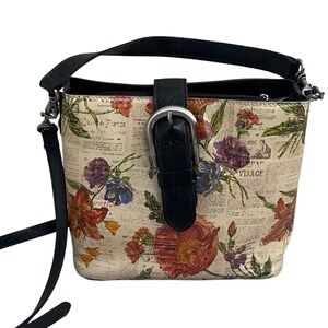 Patricia Nash irving bucket Newsprint Floral Leather Bucket Bag Crossbody Cream